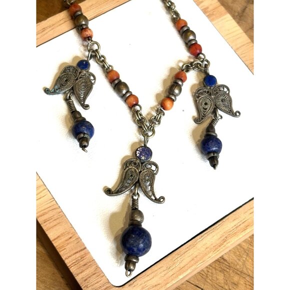 Vintage Angel Pendant Necklace With Lapis Beads & Brass Chain - Picture 2 of 16